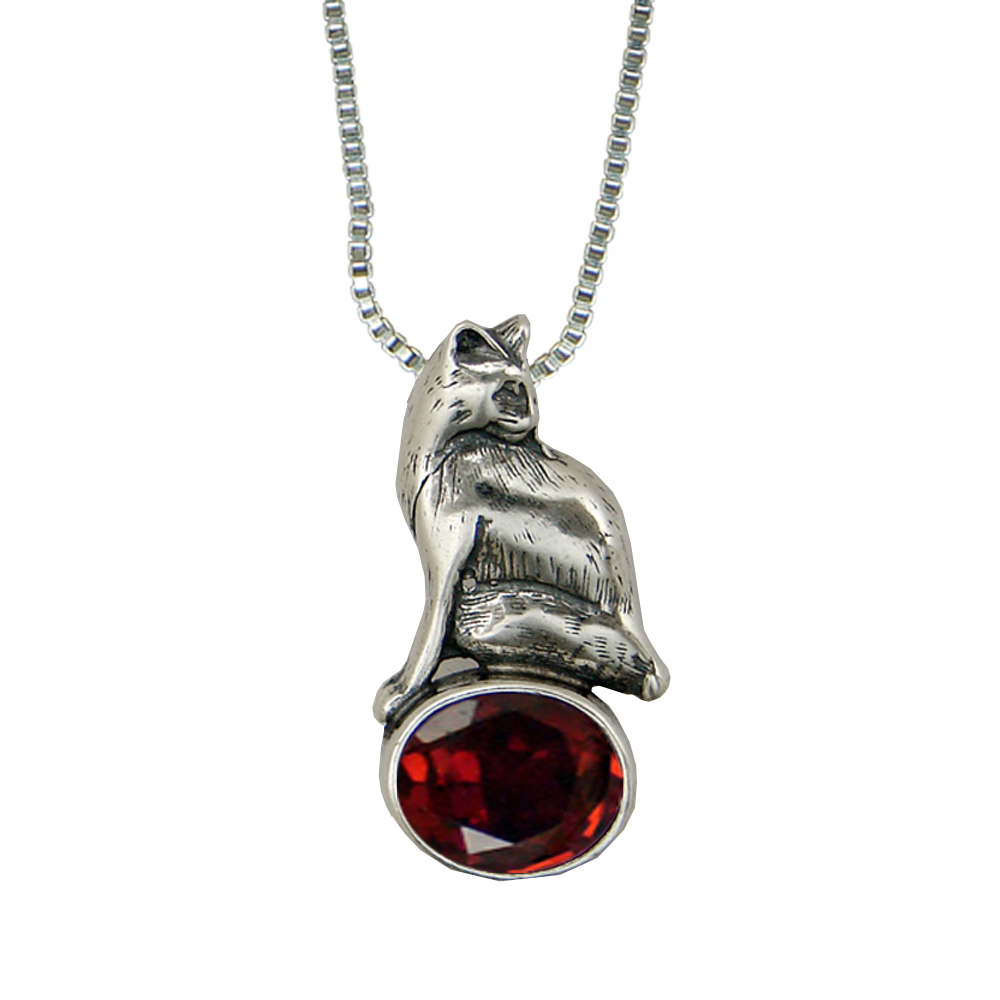 Sterling Silver Regal Cat Pendant With Garnet